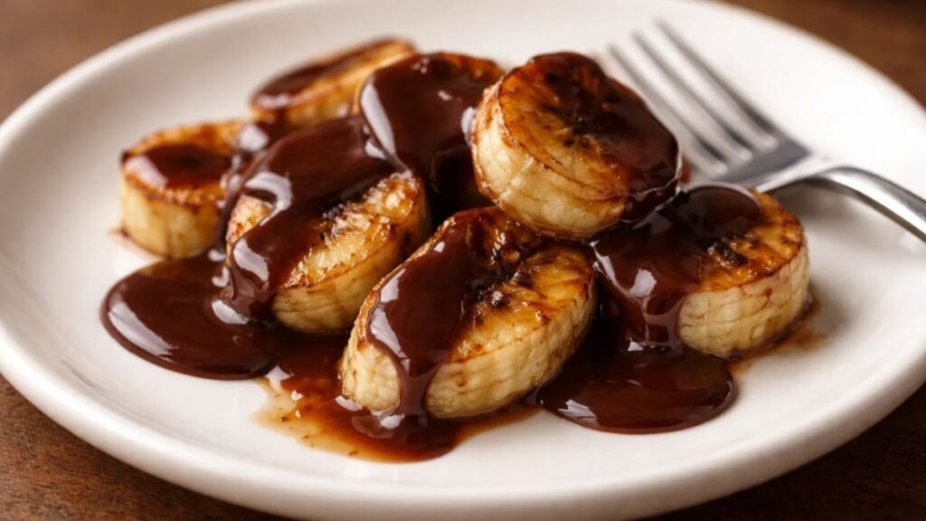 Hot fudge sauce drizzled over roasted bananas on a plate