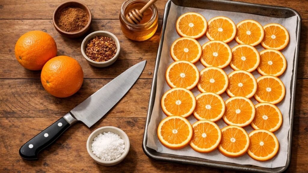 Ingredients and thinly sliced oranges ready for drying on a parchment-lined baking sheet, showing a simple homemade citrus snack.