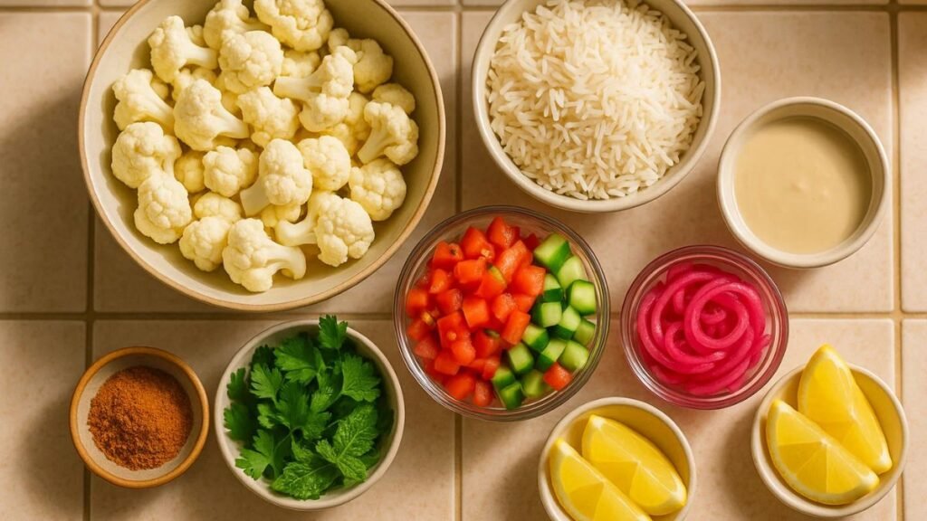 “Ingredients for a cauliflower shawarma bowl neatly arranged on a countertop including cauliflower, grains, tahini, vegetables, herbs, and spices.”
