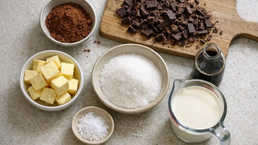 Ingredients for homemade hot fudge sauce laid out on a kitchen counter