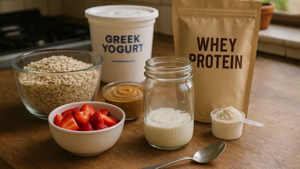 “Ingredients for making high-protein overnight oats arranged on a table.”