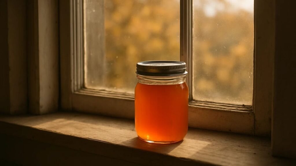 “Jar of homemade persimmon jelly glowing in autumn window light”