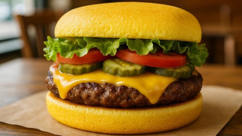 “Krabby Whopper with yellow square bun, lettuce, tomato, pickles, and melted cheese at Burger King”