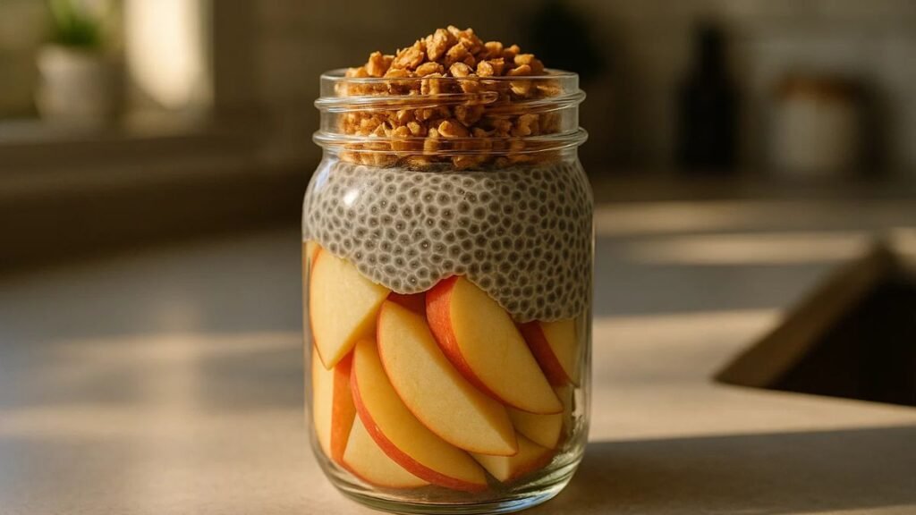 Layered apple chia pudding with granola in a glass jar, ready to eat