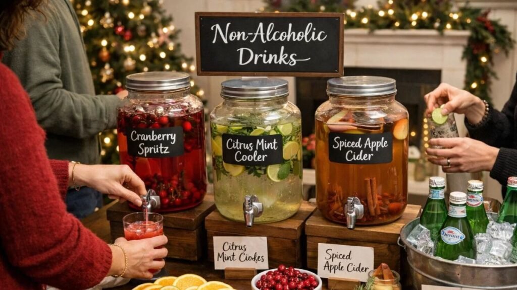 Non-alcoholic drink station at a holiday party designed for inclusive hosting