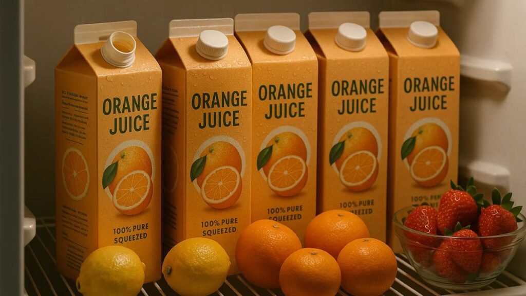 “Open and sealed cartons of orange juice neatly arranged in a refrigerator shelf with fresh fruit”