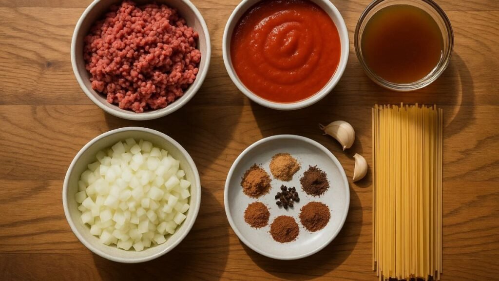 “Overhead shot of real Cincinnati chili ingredients laid out on a kitchen counter.”