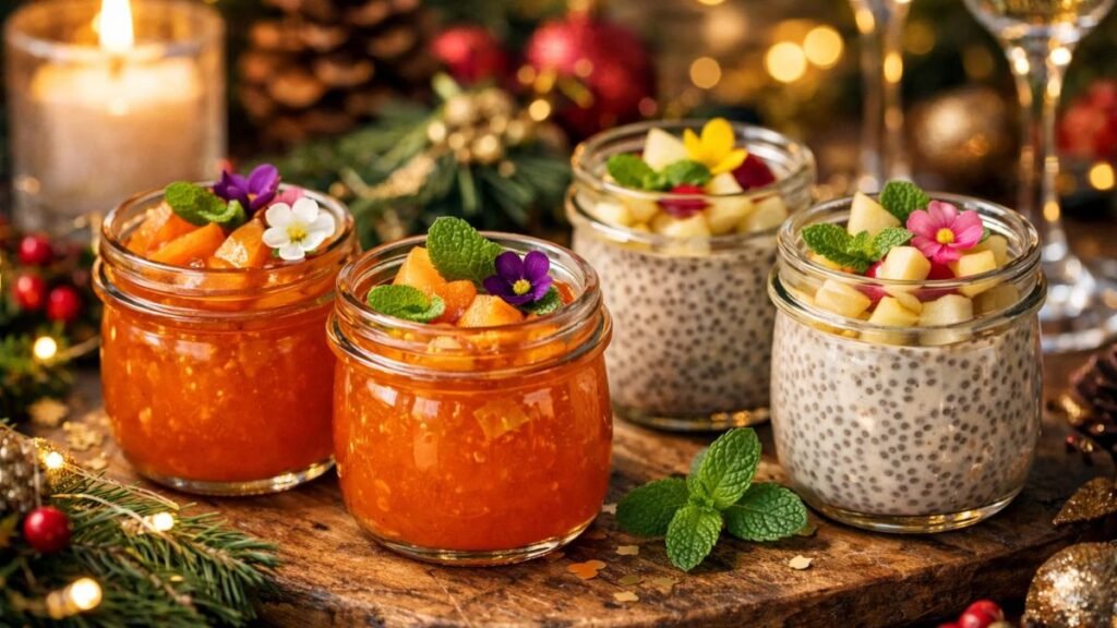 “Persimmon jelly and apple chia pudding in small jars, garnished for New Year 2026 appetizers.”