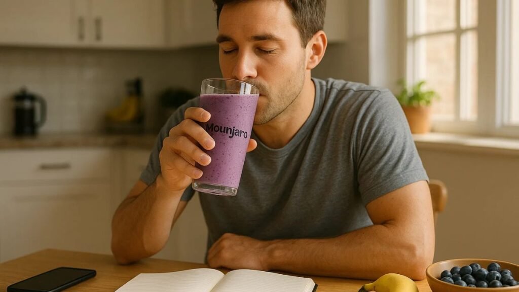 “Person enjoying a natural Mounjaro-inspired drink in the morning as part of a healthy weight loss and wellness routine.”