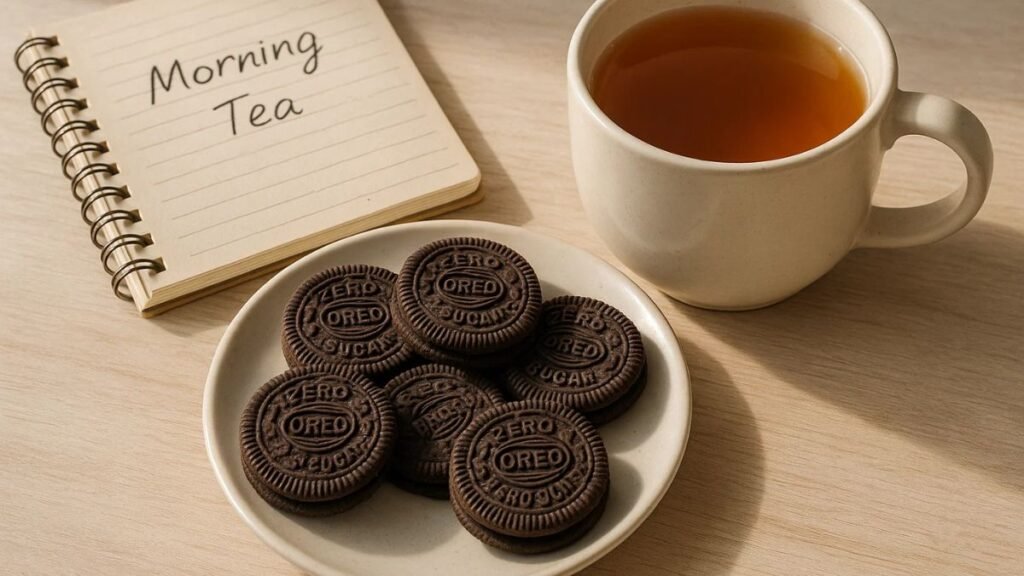 “Plate of Oreo Zero-Sugar cookies with morning tea and notebook, healthy snack setup”