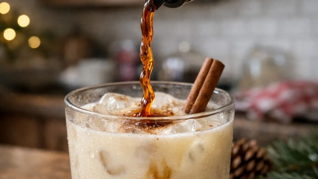 Pouring cinnamon syrup into halal eggnog at home