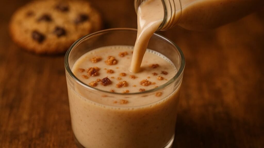 “Pouring creamy cookie milk into glass with cookie crumbs floating on top”