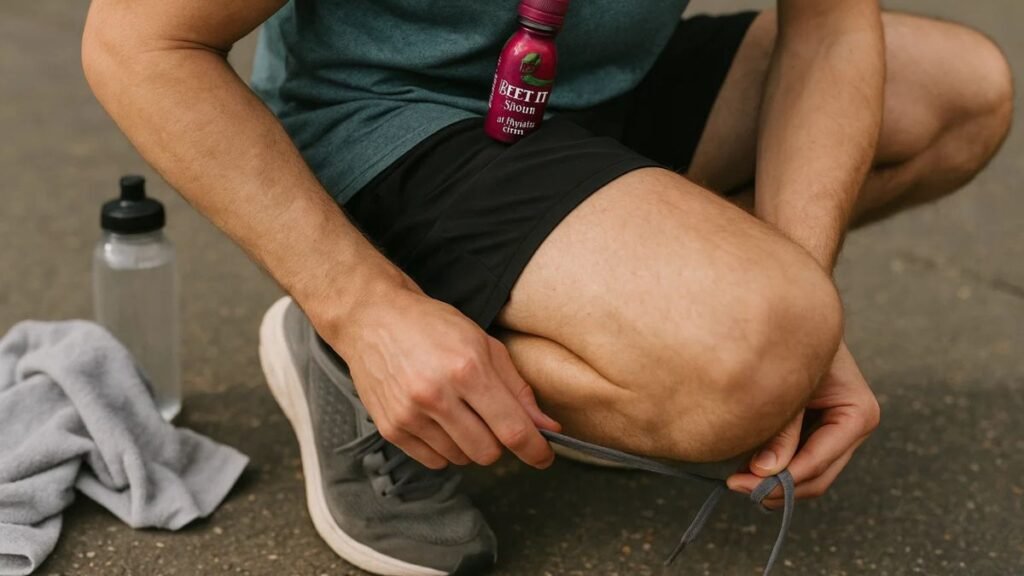 Runner with beetroot juice shot tucked in waistband — everyday athletic use.