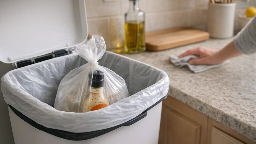 “Safely disposing of recalled salad dressing to prevent contamination”
