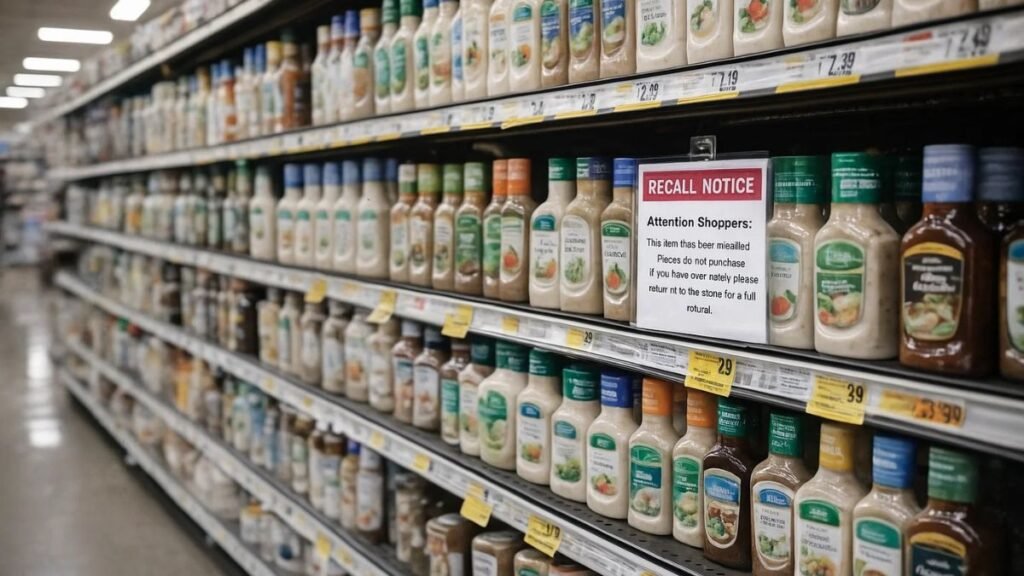“Salad dressing products displayed in grocery store aisle during food recall”