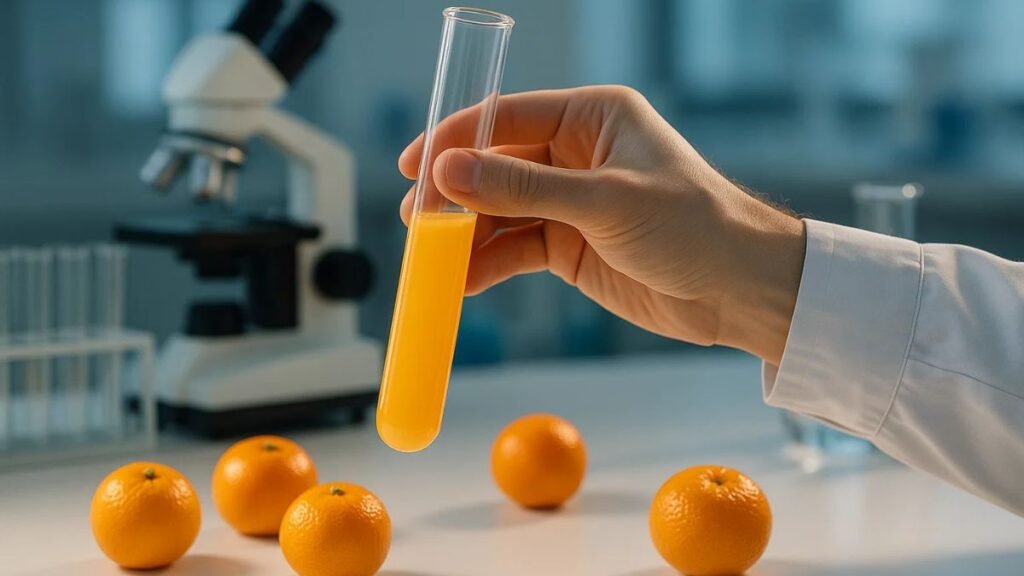 “Scientist analyzing orange juice nutrient content in a laboratory with fresh oranges nearby”