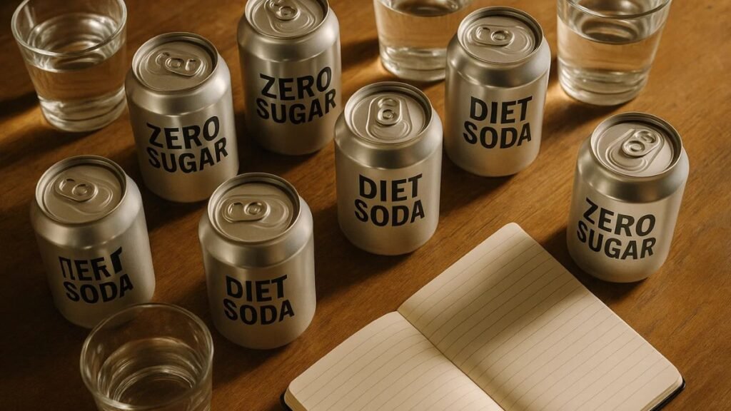 “Selection of zero sugar and diet sodas on a table, illustrating beverage choices.”