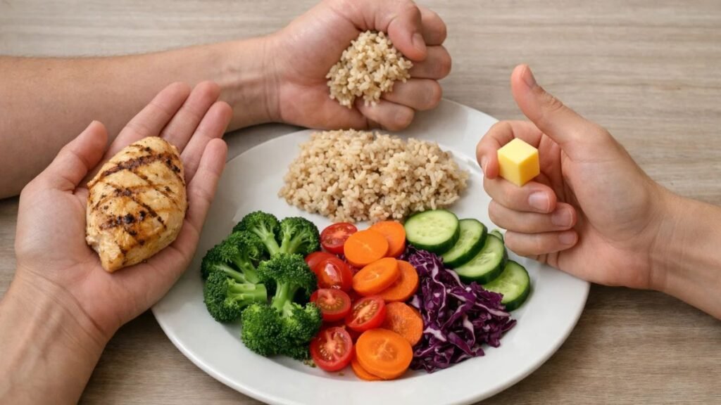 Semaglutide portion size guide showing protein carbs fats and vegetables