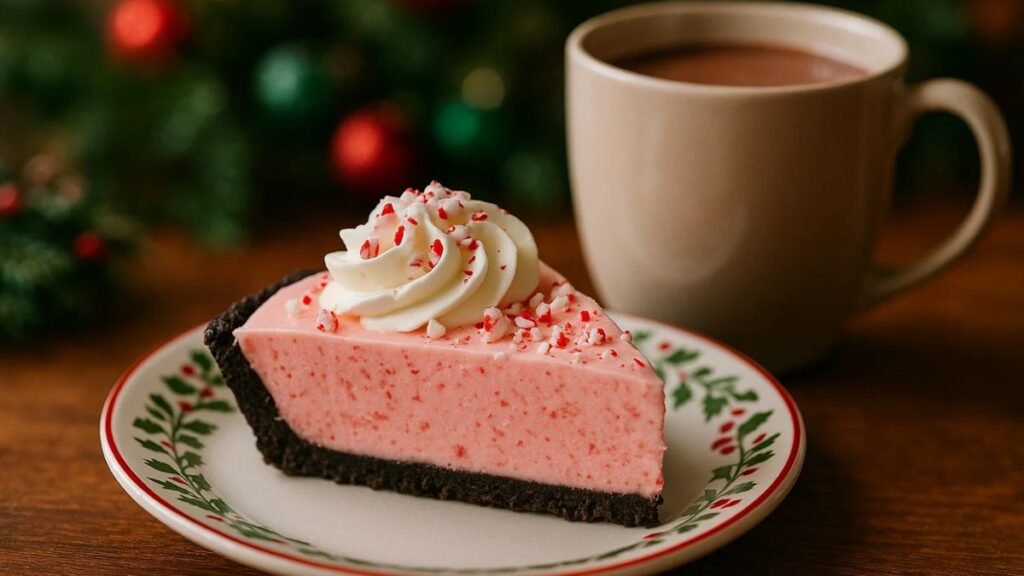 “Slice of Candy Cane Pie on a holiday-themed plate served with hot cocoa.”