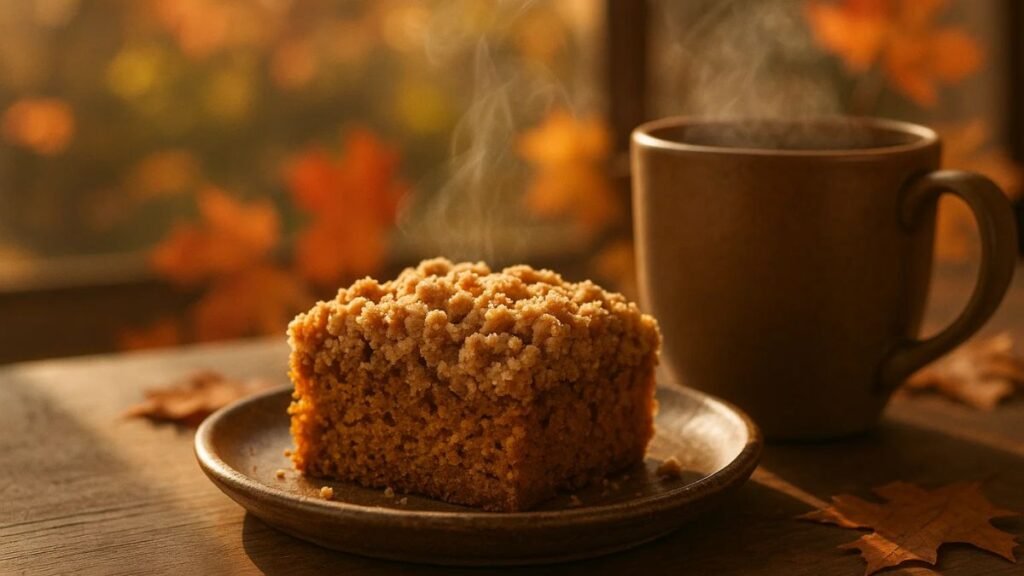 “Slice of pumpkin spice crumble cake with a mug of tea, autumn cozy setup”