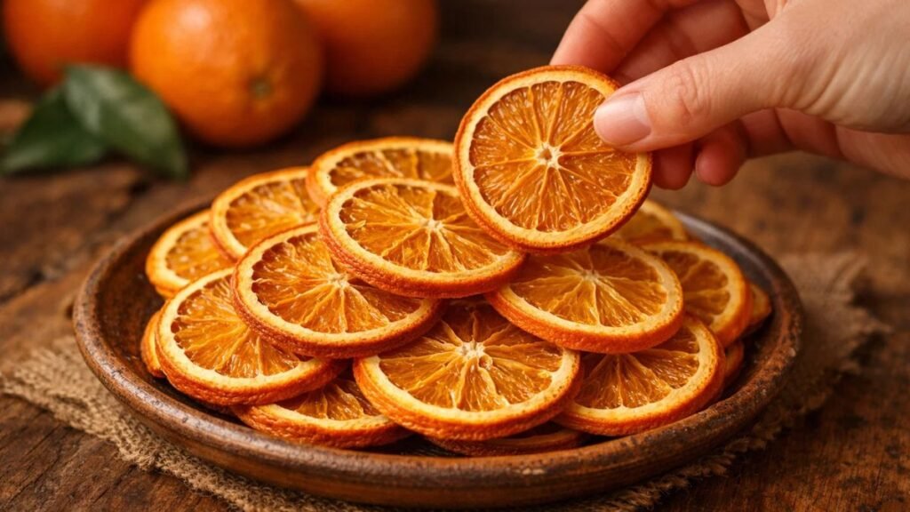Stacked dried orange slices on a rustic plate with a hand reaching in, showing a healthy homemade snack ready to enjoy.