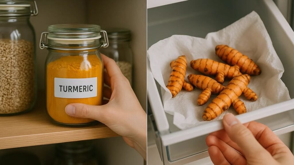 Storing turmeric powder in labeled jar and fresh turmeric in refrigerator drawer.
