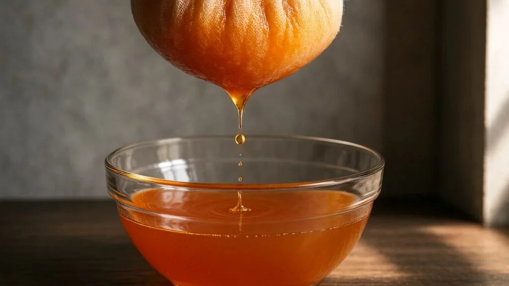 “Straining persimmon juice through cheesecloth for clear jelly”