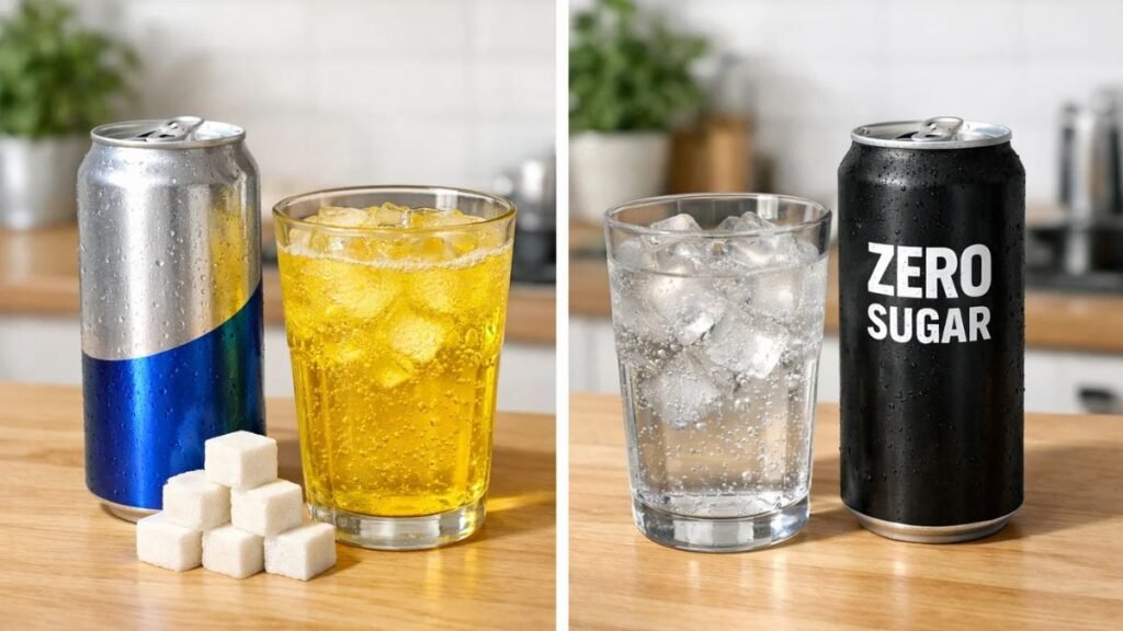 “Sugar vs sugar-free energy drinks comparison on a kitchen counter”