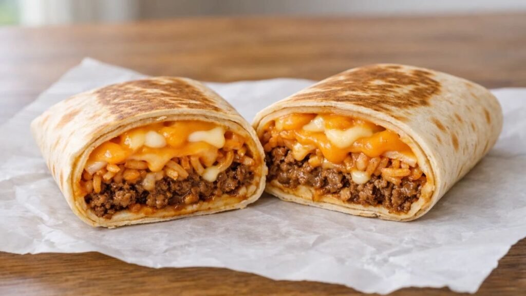 Inside view of Taco Bell Quesarito showing beef, rice, cheese, and chipotle sauce
