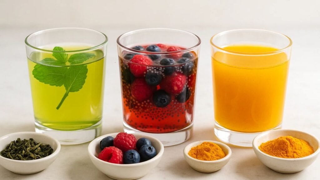“Three variations of natural Mounjaro-inspired GLP-1 drinks: green tea slim brew, chia berry fullness water, and turmeric cinnamon metabolism tonic.”