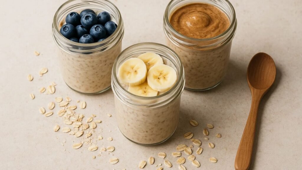 “Three variations of overnight oats in jars on a natural kitchen counter.”