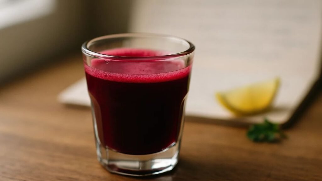 Close-up beetroot juice shot on wooden table, nitrate-rich drink.
