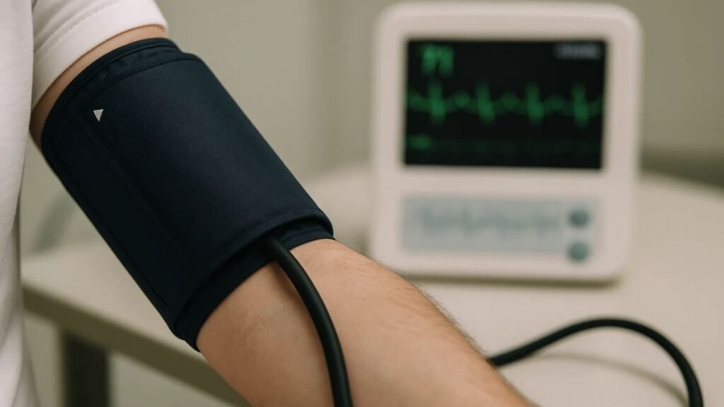 “Blood-pressure cuff on arm with ECG monitor — cardiovascular monitoring.”