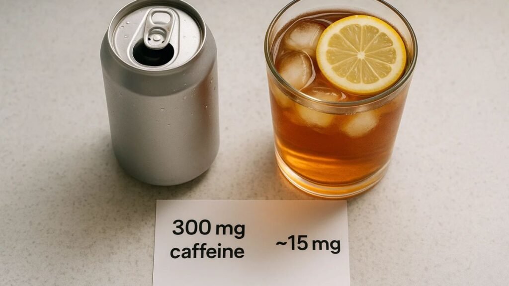 “Energy drink next to unsweetened tea — healthier alternative comparison.”
