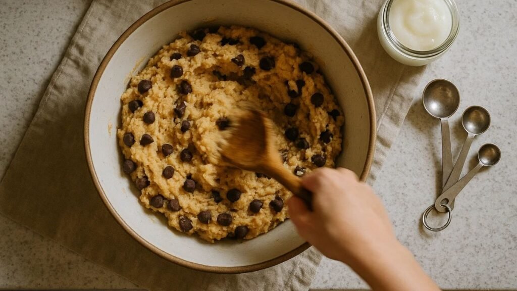 “Mixing bowl with eggless cookie dough and chocolate chips, wooden spoon mid-stir.”