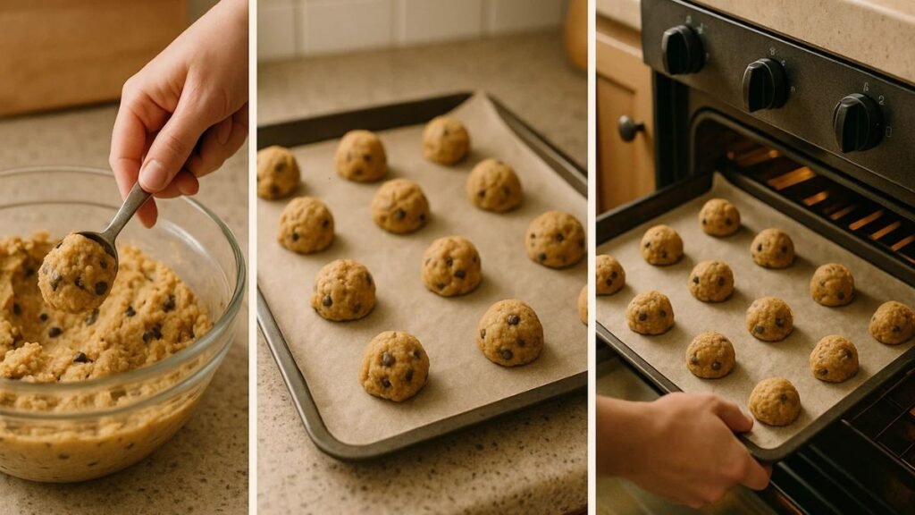 “Scooping dough, cookie dough balls on tray, and tray going into oven — three-step baking sequence.”