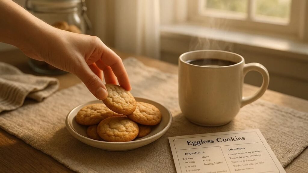 Plate of eggless cookies next to a steaming mug of coffee on a kitchen counter.”