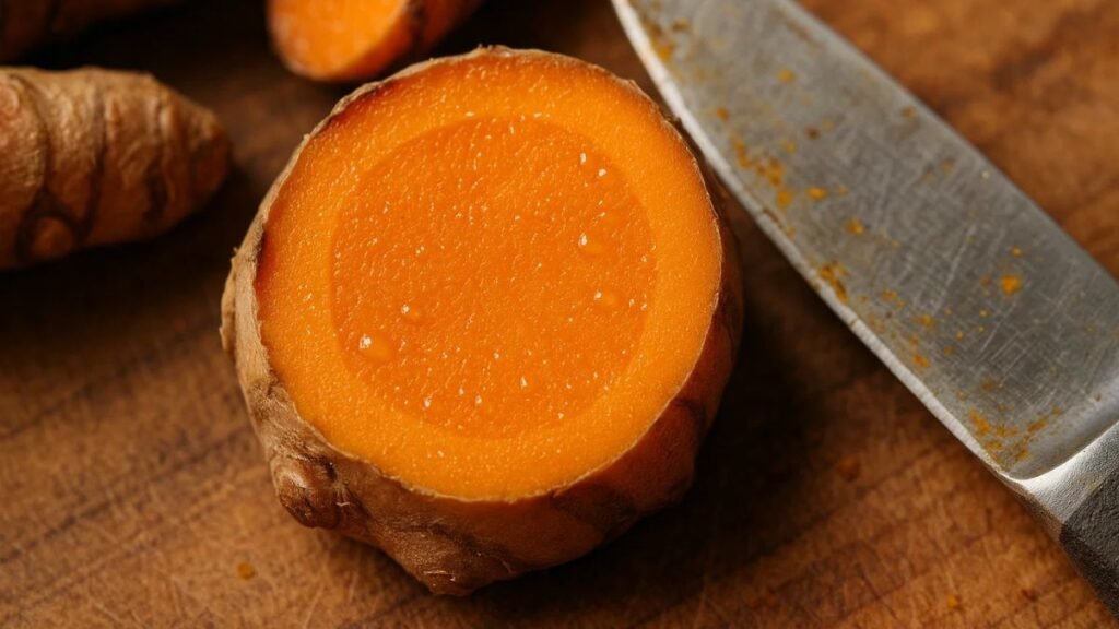 Close-up sliced fresh turmeric showing bright orange interior and fibers.