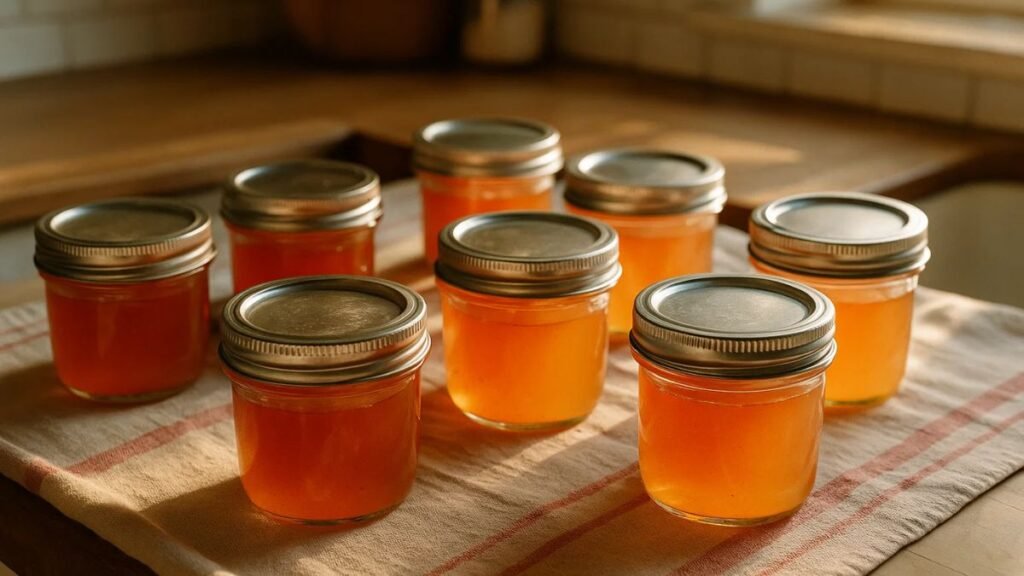 “Freshly jarred persimmon jelly cooling on kitchen counter”