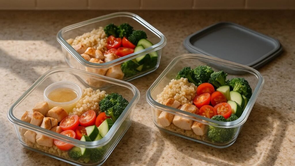 Meal-prep containers filled with sweet potato and brown rice salad for the week