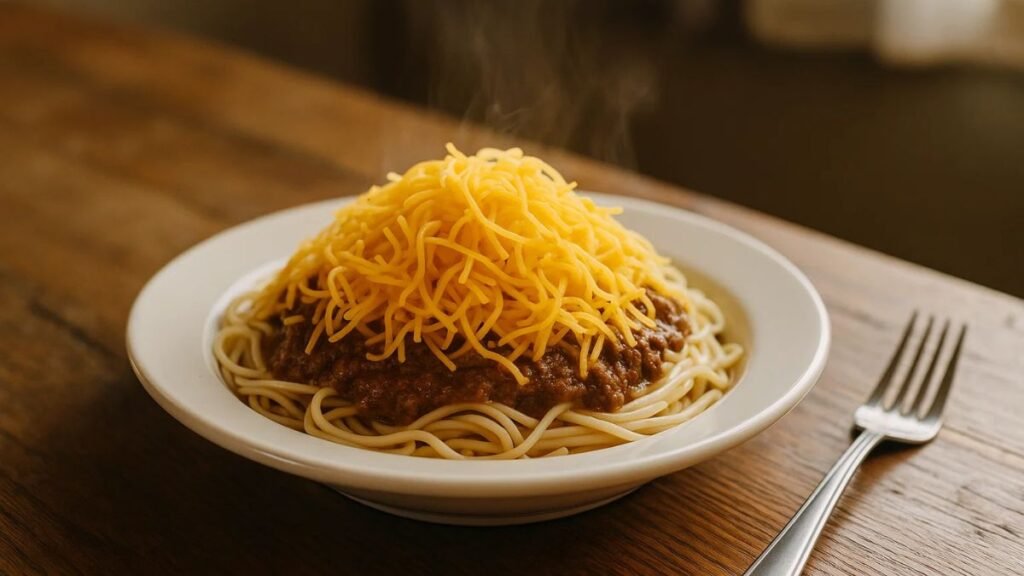 “Finished plate of Cincinnati chili served 3-way with steam rising.”