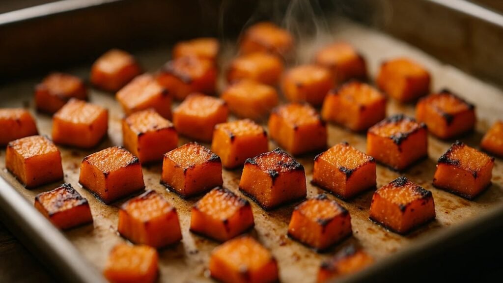 Caramelized roasted sweet potato cubes fresh from the oven.