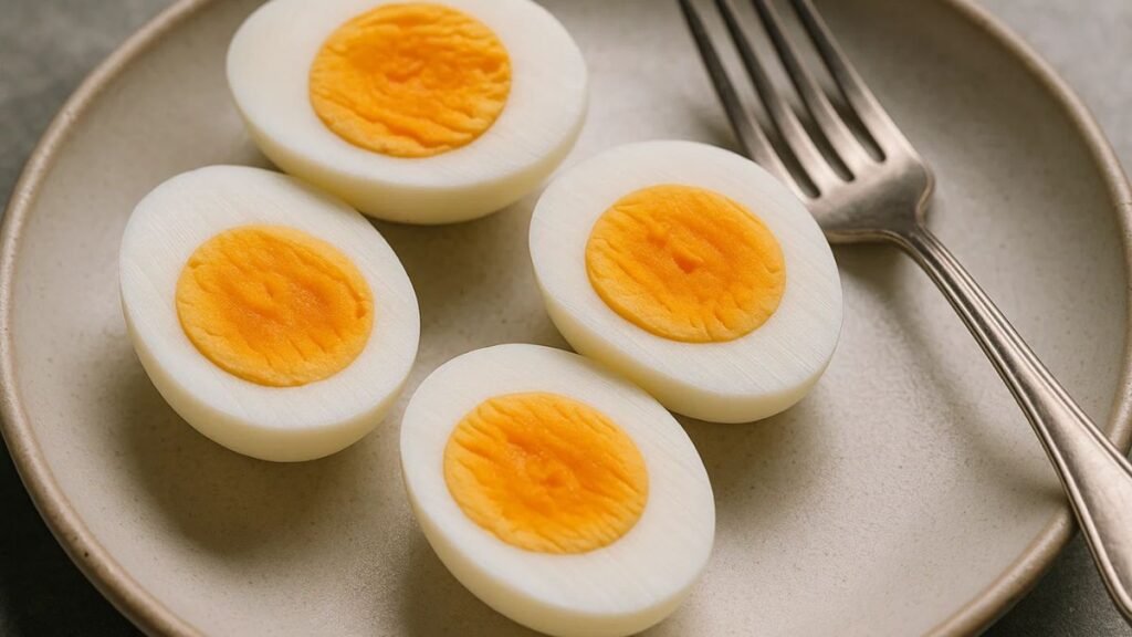 “Close-up of sliced hard-boiled eggs showing golden yolks”