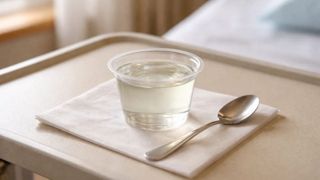 Bariatric clear liquid stage gelatin served in a small portion during early post surgery recovery