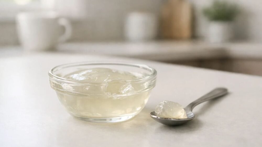 Bariatric gelatin recipe served in a small glass bowl, sugar-free and portion controlled, suitable after weight loss surgery