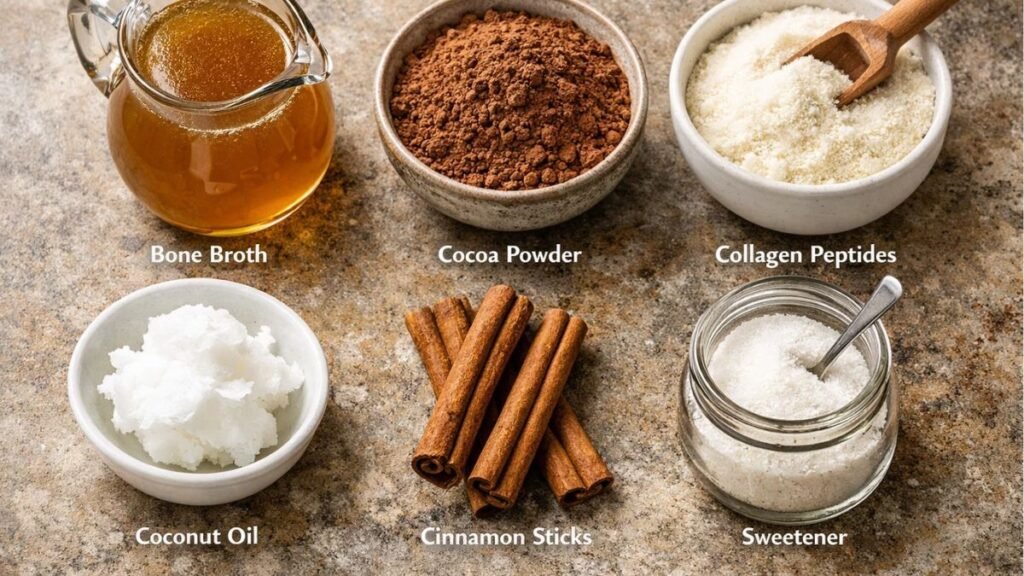 “Bone broth hot chocolate ingredients including grass-fed broth, cocoa powder, collagen peptides, coconut oil, and cinnamon.”