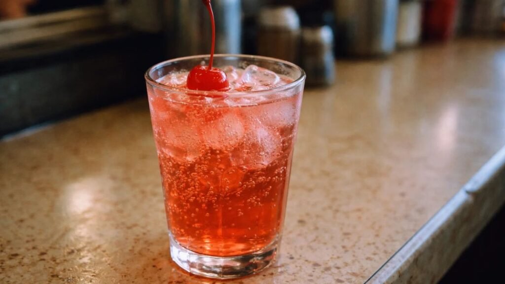 Classic Shirley Temple drink with cherry in a diner glass