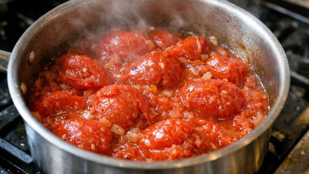 Cooked tomatoes releasing lycopene while simmering for homemade tomato soup