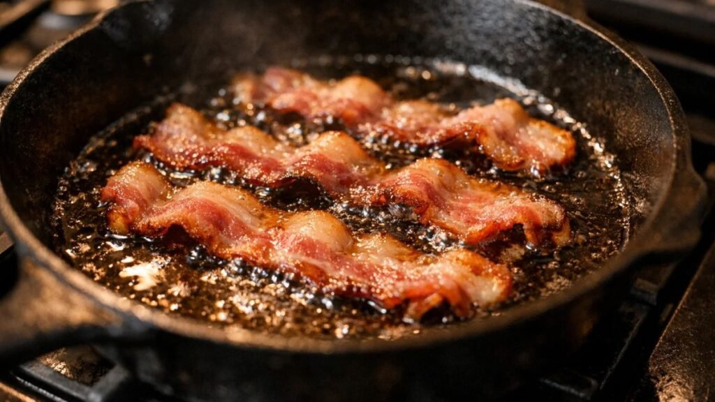 Cooking bacon for warm bacon dressing used in wilted lettuce salad
