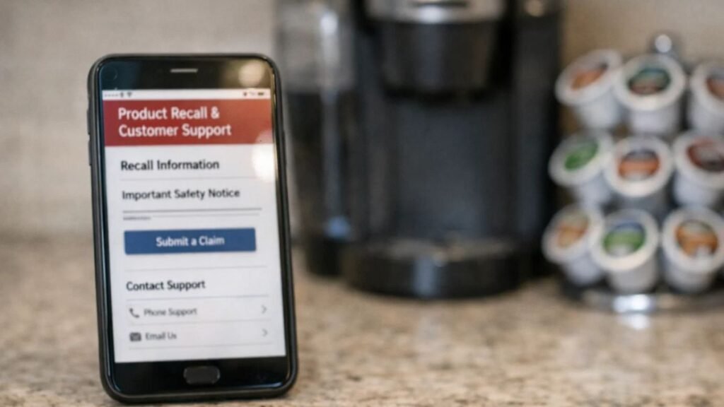 “Customer checking Keurig recall information on a smartphone in a home kitchen setting”